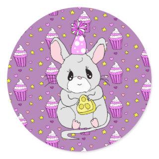 Cute Little Birthday mouse Purple Classic Round Sticker