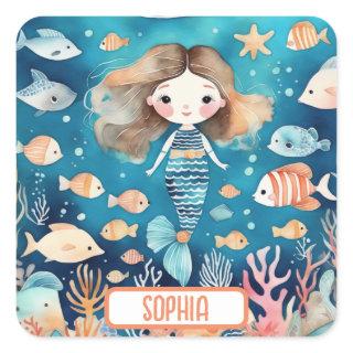 Cute Little Mermaid Under The Sea with Coral Fish Square Sticker