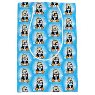 Cute Little Penguin in Winter Cap with Snowballs Medium Gift Bag