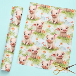 Cute Little Piggy Grass Flower Watercolor Pattern