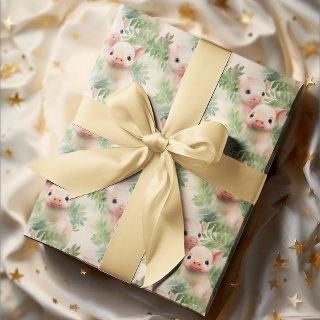 Cute Little Piglets Watercolor Botanicals Pattern