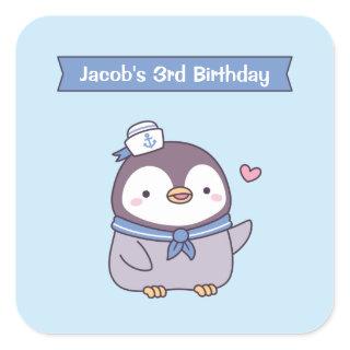 Cute Little Sailor Penguin Doodle Kids Birthday Square Sticker