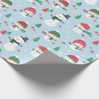 Cute Little Snowmen with xmas trees on light blue