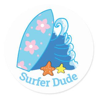 Cute Little Surfer Dude Surfboard and Wave Classic Round Sticker