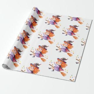Cute little witch flying on a broomstick