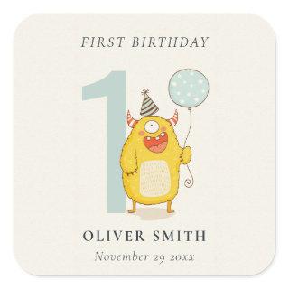 Cute Little Yellow Aqua Monster Any Age Birthday Square Sticker
