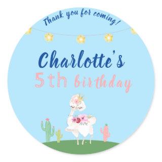 Cute Llama Fun Blue Birthday Party Classic Round Sticker
