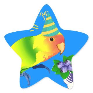 Cute Lovebird Party Parrot in Birthday Hat on Blue Star Sticker