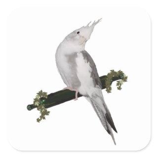 Cute Lutino Cockatiel Bird Ivy Perch Animal Square Sticker