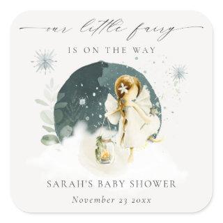 Cute Magical Enchanted Fairy On Way Baby Shower Square Sticker