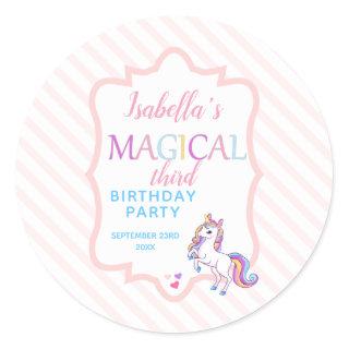 Cute Magical Unicorn Pink Birthday Party  Classic Round Sticker