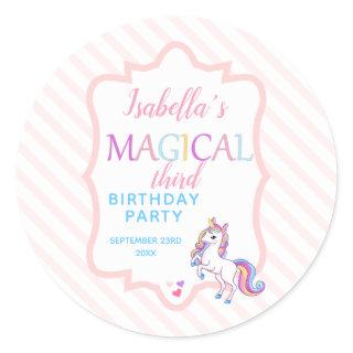 Cute Magical Unicorn Pink Birthday Party  Classic Round Sticker