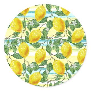 Cute Mediterranean Summer Lemon Fruit Art Pattern Classic Round Sticker