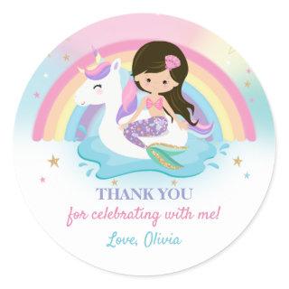 Cute Mermaid and Unicorn Pool Birthday Party Favor Classic Round Sticker