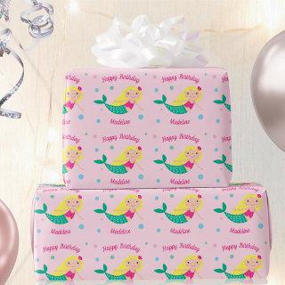 Cute Mermaid Pink Personalized Birthday Wrapping P