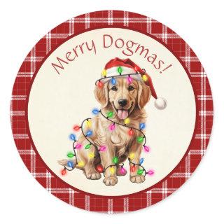 Cute Merry Dogmas! Golden Retriever Red Plaid Classic Round Sticker