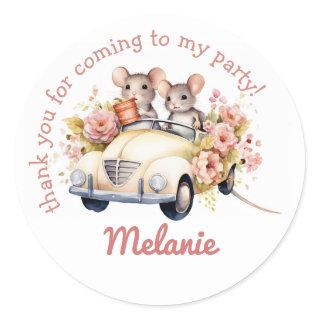Cute Mice in a Car Kids Birthday Party Thank You Classic Round Sticker