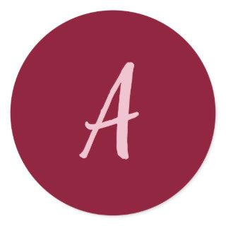 Cute Minimalist Burgundy Red Calligraphy Monogram Classic Round Sticker
