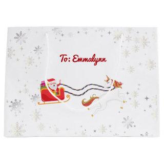 Cute Modern Magical Unicorn Santa Snow Name Xmas Large Gift Bag