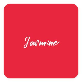Cute Modern Minimalist Red White Calligraphy Name Square Sticker