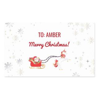 Cute Modern Unicorn Santa Personalized Name Xmas Rectangular Sticker