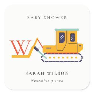 Cute Monogram Construction Fork Lift Baby Shower Square Sticker