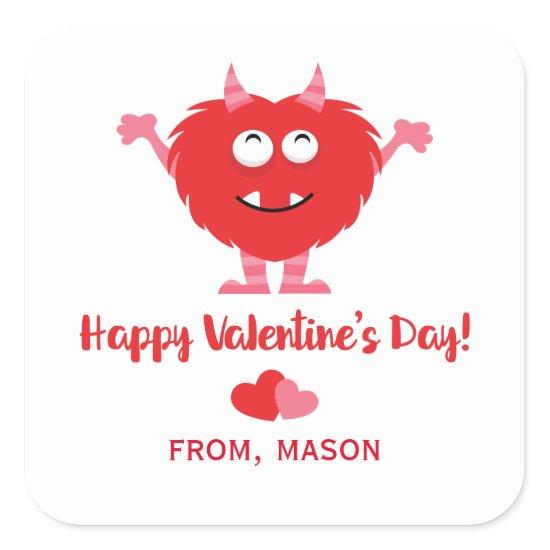 Cute Monster Red and Pink Hearts Valentine's Day Square Sticker