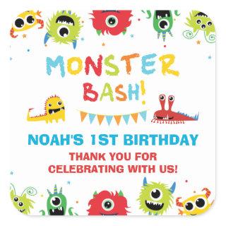 Cute Monsters Boy 1st Birthday Thank You Favor Square Sticker