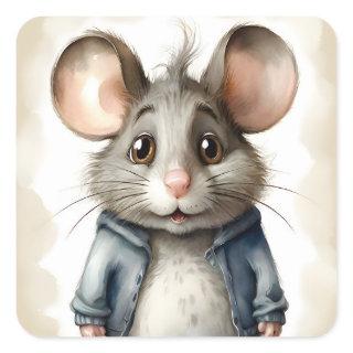 Cute Mouse Blue Sweater Jacket Portrait  Square Sticker