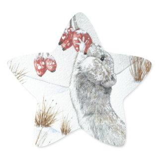 cute mouse eating berries snow scene at christmas star sticker