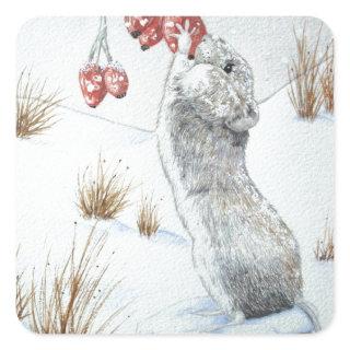 cute mouse snow scene seasonal wildlife square sticker