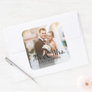 Cute MR And MRS Elegant Photo Wedding  Square Sticker