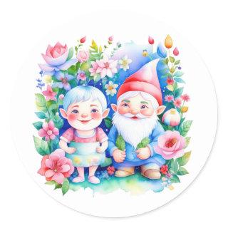 Cute Mr and Mrs Garden Gnomes with Flowers Classic Round Sticker
