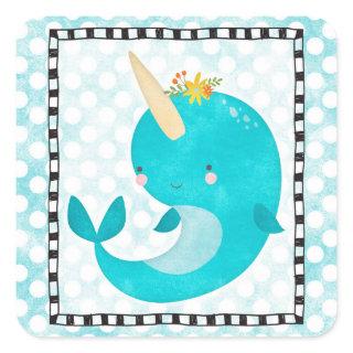 Cute Narwhal - Turquoise Aqua Whale Square Sticker