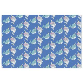 Cute Narwhal Whimsical Cartoon Pattern in Blue Tissue Paper