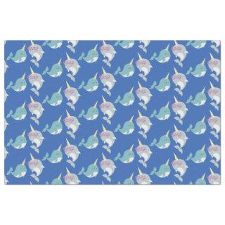 Cute Narwhal Whimsical Cartoon Pattern in Blue Tissue Paper