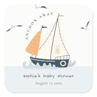 Cute Nautical Blue Sailboat Pastel Baby Shower Square Sticker