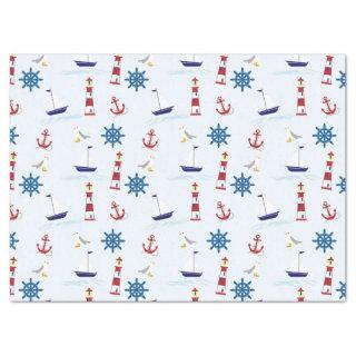 Cute Nautical Lighthouse Ship and Sea Gull Blue Tissue Paper