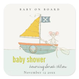 Cute Nautical Pirate Mouse Sailboat Baby Shower Square Sticker