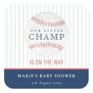 Cute Navy Our Little Champ Baseball Baby Shower N Square Sticker