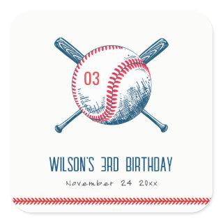Cute Navy Red Baseball Bat Star Kids Birthday Square Sticker