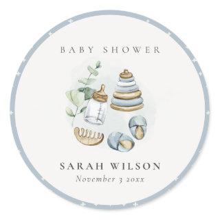 Cute Nursery Essential Leafy Blue Boy Baby Shower Classic Round Sticker