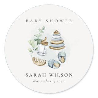 Cute Nursery Essential Leafy Blue Boy Baby Shower Classic Round Sticker