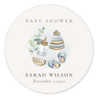 Cute Nursery Essential Leafy Blue Boy Baby Shower Classic Round Sticker