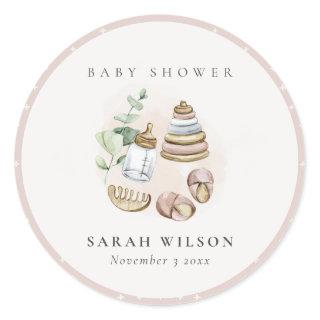 Cute Nursery Essential Leafy Pink Girl Baby Shower Classic Round Sticker