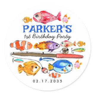 Cute O-Fish-al Reel Fun Gone Fish Fishing Birthday Classic Round Sticker