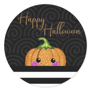 Cute orange glitter pumpkin Halloween party favor Classic Round Sticker
