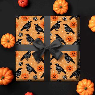 Cute Orange Halloween Crow Pumpkin Pattern