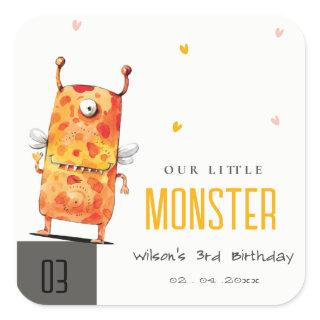 Cute Orange Yellow One Eyed Monster Kids Birthday Square Sticker