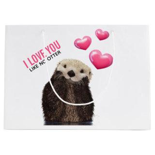 Cute Otter with Pink Hearts Love You Pun Large Gift Bag